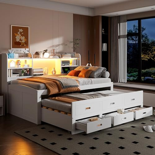 Zravenna Tagesbett Ausziehbar Holz 90 x 200 cm, Ausziehbett mit 3 schubladen, Nachttischablage, Bett mit Lattenrost, Ohne matratze. (Weiß)