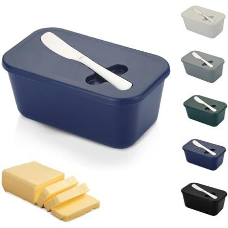 Butter Dish with Lid and Knife – TRACOMPAN Unbreakable Plastic Butter Container | Butter Dish with Butter Knife | Lightweight Butter Holder Tray for Odor-Free Storage(Dishwasher Safe) (Blue, Medium)