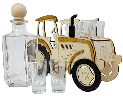 Traktor mit Karaffe & 6 Gläsern – Geschenk für Männer | Holz Deko für Schnaps, Wodka, Whisky | Alkoholhalter | Geburtstag, Vatertag, Papa, Opa