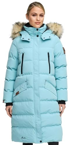 MARIKOO lange Damen Winterjacke warmer Parka gesteppt mit Kapuze B890 [B890-Schneestern-Sky-Blue-Gr.XXL]