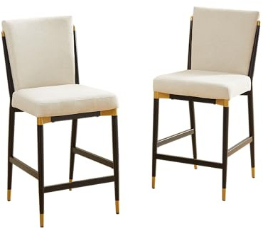kozamas Lot de 2 tabourets de bar scandinaves avec repose-pieds rectangulaire - Cadre noir/doré - Rembourrés avec coussin crème - Pour île et bar