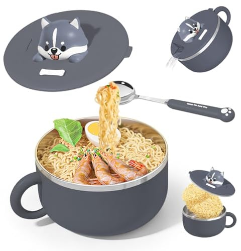 DASIAUTOEM Ramen Schüssel mit Deckel,1200ml Instant-Nudeln Schüssel Edelstahl, Ramen Schüssels Suppenschüssel mit deckel und Gabel Ramens Bowl Wärmeisolierung Siegel fur Suppe Nudeln Knödel Salate (B)