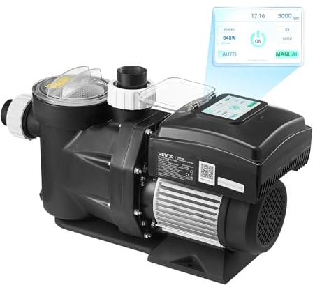 VEVOR Pompe Piscine Vitesse Variable 1100 W Pompe Filtration Piscine 26000 L/h pour Piscines Hors Sol Enterrées, Spa, Auto-amorçante, avec Panier Filtre, Minuterie, Hauteur Refoulement 15 m, 220-240 V