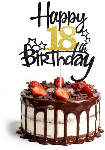 15cm Tortendeko 18. Geburtstag Junge Mädchen, Kuchen Topper in Schwarz und Gold mit Glitzer, Happy 18th Birthday Cake Topper für Geburtstagsfeier, Party Deko und Kuchendekoration (Schwarz/Gold)