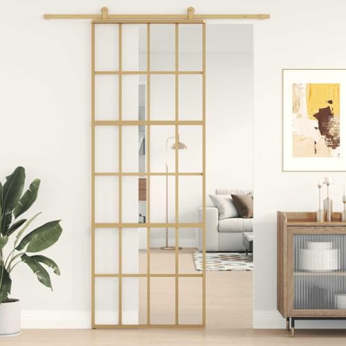 Ziaphsol Porta scorrevole dorata, 76 x 205 cm, in vetro ESG trasparente, in alluminio, con telaio e telaio, per ristrutturazione dell'ingresso di casa, con serratura di sicurezza, maniglia e