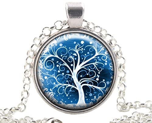 Christmas White Tree of Life Necklace Pendant, Unique Snowy Style Charm Jewellery Gifts for Her
