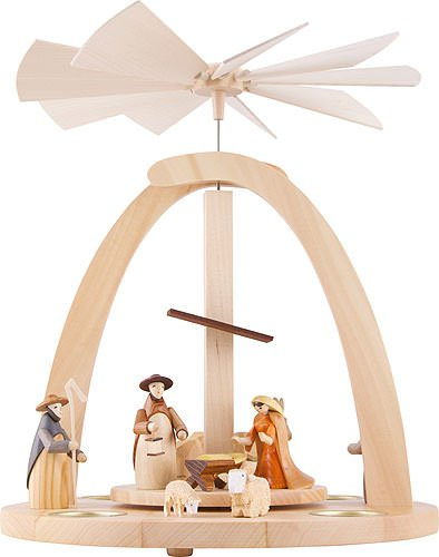 Theo Lorenz Weihnachtspyramide 1-stöckige Pyramide Krippenfiguren bunt - Teelichter - 33cm - Original Erzgebirge