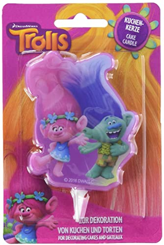 DECOCINO Kuchen-Kerze Trolls Poppy & Branch – Höhe ca.7 cm – 2D DreamWorks Wachs-Kerze zum Dekorieren von Kuchen, Muffins & Torten – Geburtstags-Deko