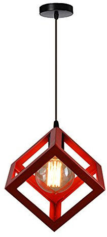 STOEX Suspension Luminaire Industrielle Contemporain, Lustre Abat-Jour Plafonnier en Métal Fer Cage E27 (Cube-Rouge)