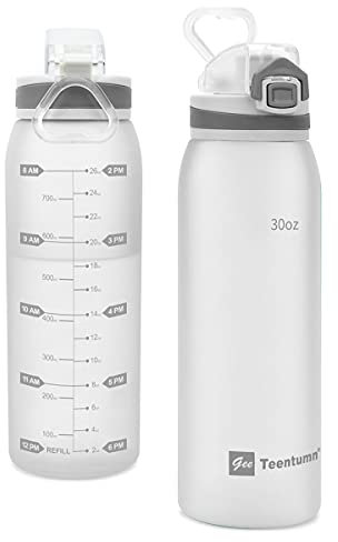 Teentumn Wasserflasche BPA-freies Tritan mit Zeitmarkierungen, 850 ml, große, langlebige Sport-Kunststoffflasche für Fitness, Outdoor-Enthusiasten, auslaufsicher, Weiß (1 Stück)