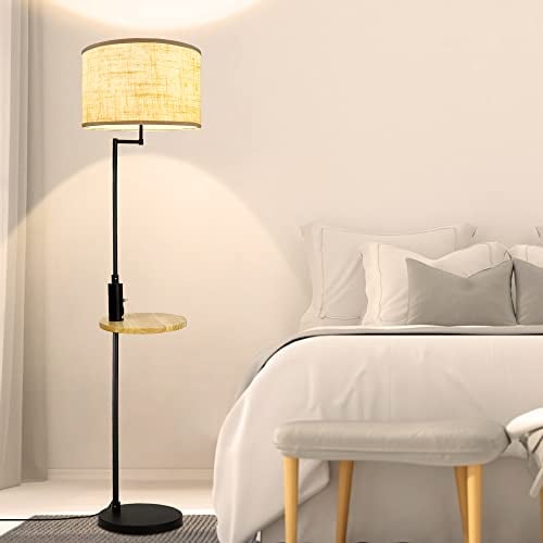 Depuley Led Stehlampe mit USB Anschluss & Holztisch, Moderne Stehleuchte Schwarz mit Kippschalter aus metall, E27 Retro Leselampe Standlampe für Wohnzimmer, Esszimmer, Lesen, Sofas(Glühbirne Inkl)