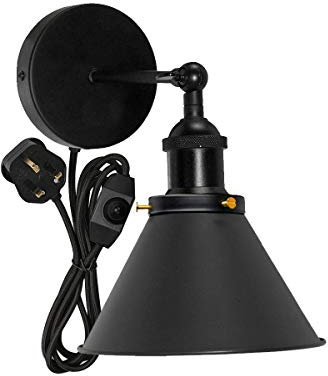 LEDSone Vintage Industrial Wall Light Fixture with Plug-in Cord, Adjustable 180° Black Metal Sconce Lamp, 4m Power Cable with On/Off Switch, Indoor Wall Mounted Lighting for Bedroom Wall Lights