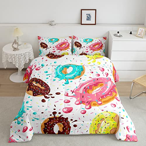 Feelyou Süßes Donuts-Bettwäsche-Set für Kinder, Jungen, Mädchen, SchokoladenDonuts, Cremefarben, Schmusetuch mit 2 Kissenbezügen, 3 Stück