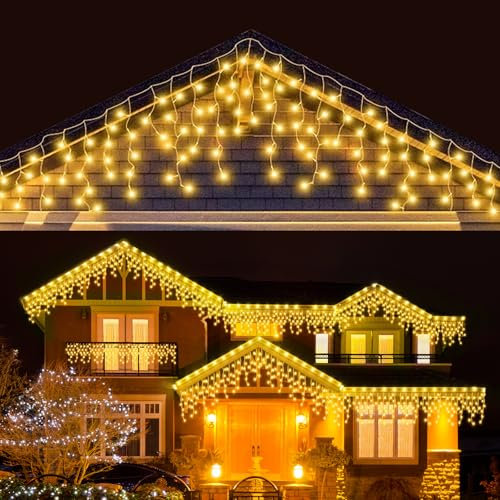 LEDYA Icicle Outdoor Christmas Lights, 29.5ft/9m 240 LED Warm White Fairy Lights, Mains Powered Outside & Indoor Decorations Icicle Lights with 8 Modes for Window, Roof, Garden, Wall, Gazebo
