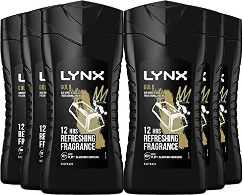 6 Pack of Lynx 12 Hour Refreshing Fragrance Gold Oud Wood and Vanilla Body wash with Plant-based Moisturisers & Dual Action Power, Keep Smelling Irresistible!