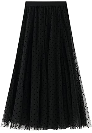SotRong Gepunktet Tüllrock Schwarz Damen Midi Überlagerter Mehrlagiger Elastischer Hoch Taillierter A Linien Tutu Rock Mesh-Chiffon-Faltenrock mit Blumendekoration