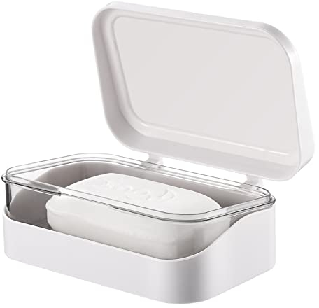 Soap Box with Removable Drainer and Lid, Portable Soap Case Holder, 2 Layers Rectangular Soap Dish Container for Bathroom, Shower, Home, Gym (White)