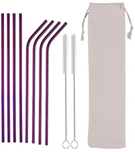 Hooton Homeware Metal Reusable Straws and Cleaner, Set of 8 Coloured Stainless Steel Drinking Straws 21.5cm 0.06cm 8.5 inch (4 Straight + 4 Bent + 2 Brushes with Bag Case) (Purple)