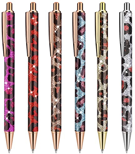 Cobee Bling Metallstifte, 6 Stück Click Einziehbare Kugelschreiber 1,0 mm Kugelschreiber mit schwarzer Tinte Metallglitzer Kugelschreiber für Männer Frauen Schule Büro Zuhause (Leopardenmuster)