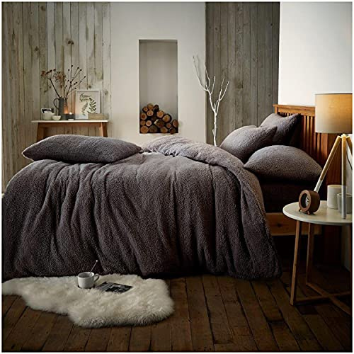 Teddy Bear Fleece Kingsize Duvet Cover Set – 3-Piece Soft & Cosy Luxury Fluffy Bedding, 2 Pillowcases, Warm Comforter Quilt Cover, Charcoal
