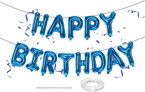 Lingqiang Happy Birthday Balloon Banner, Blue Self Inflating Foil Bunting, 16 Inch Reusable Letter Balloons with Ribbon for Men Birthday Party Decorations Supplies