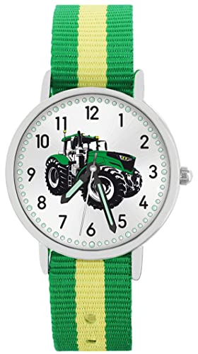 Pacific Time Kinder Armbanduhr Jungen Traktor für Kinder grün Trecker Kinderuhr Auto Car Textilarmband grün gelb Leuchtzeiger Analog Quarz 87659