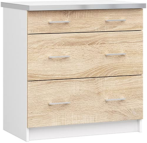 3xE Living Küchenunterschrank Edersen 80 cm, 4 Schubladen, Weiß Sonoma, 80 x 44,5 x 82 cm