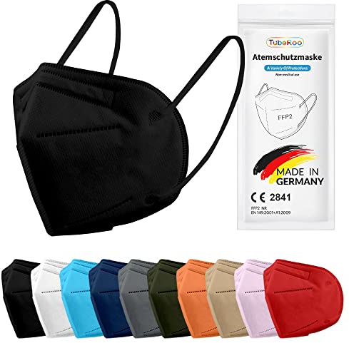 TubeRoo FFP2 Maske schwarz 50 Stück Masken aus Deutschland, Made in Germany, weiche Ohrschlaufen, Atemschutzmaske, Mundschutz, Schutzmaske, Staubmaske, Feinstaubmaske