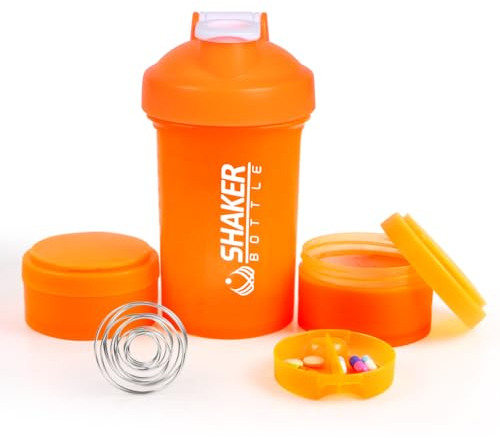 VECH 16oz (500ml) Protein Shaker Bottle with Mixing Ball, Leakproof Gym Shaker Cup for Protein Shakes & Supplements - Includes Detachable Powder Storage & Pill Tray - BPA-Free, Dishwasher Safe(Orange)