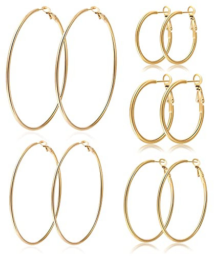 PABBEU 5 Paar goldene Creolen, große Creolen aus 316L Edelstahl, leichte, 14 Karat vergoldete Ohrringe, hypoallergene, dünne goldene für Frauen, 30/40/50/60/70 mm