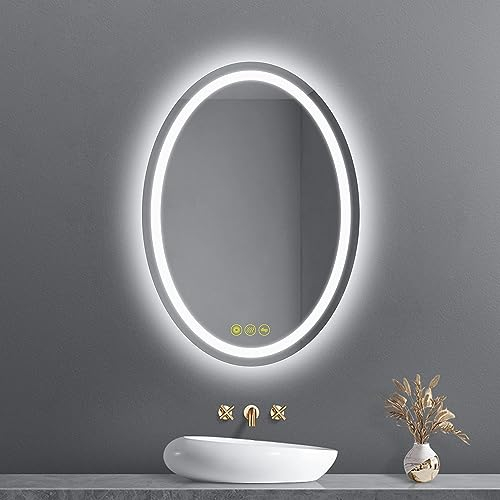 AI-LIGHTING LED Badspiegel mit Beleuchtung Oval 50x70 cm Badezimmerspiegel mit Licht 3 Lichtfarben/Beschlagfrei/Dimmbar Beleuchteter Badspiegel mit Touchschalter für Badezimmer Hotel Friseure