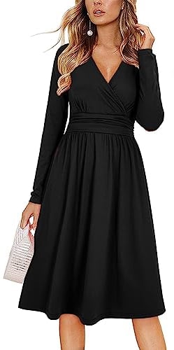OUGES Kleid Damen Herbst Schwarz V-Ausschnitt Langarm Kleider Herbstkleid Knielang Winterkleid Midi Mit Taschen, M