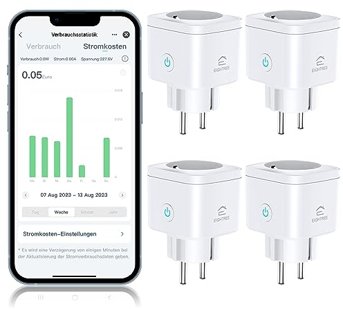 EIGHTREE Prise Connectée WiFi 5GHz, Prise Alexa Programmable, Compatible avec Alexa/Google Home/Smart Life APP, Suivi de Consommation, Contrôler le ventilateur/climatiseur, 16A 3680W, Type F, 4PCS