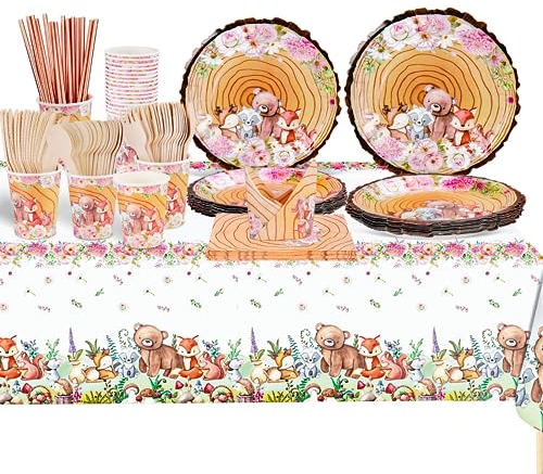 Jungle Safari Party Decorations Tableware Set - Hysagtek 129PCS Baby Shower Paper Plates Cups and Napkins Straws Tablecloth Kids Birthday Animal Theme Party Dinnerware Supplies(16 Guests)