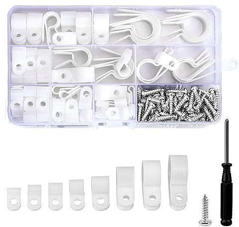 DesertBoy 151 Pieces White Nylon R-Type Cable Clamp Clips Plastic Cable Clamp Assortment Kit Fastener Plastic Wire Clamp Clips with Screwdriver and Screws for Wire, Electrical Cable, Conduit