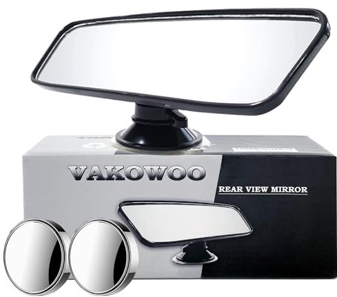VAKOWOO Rear View Mirror for Driving Test, Driving Instructor Learner Examiner Mirror, Adhesive Interior Suction Cup Rearview Car Mirror for Driving Lesson with 2 Pcs Blind Spot Mirrors (200 X 62 mm)