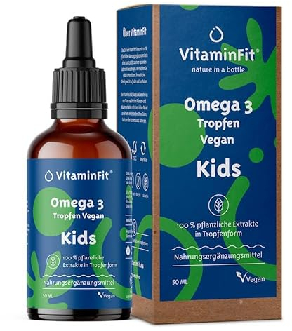 Omega-3 Tropfen Vegan für Kinder – ohne Fischgeschmack – DHA & EPA – Omega-3-Öl aus nachhaltiger Algengewinnung 250 mg DHA und 100 mg EPA pro Tag – hohe Dosierung – Vorrat für 2 Monate (50 ml)