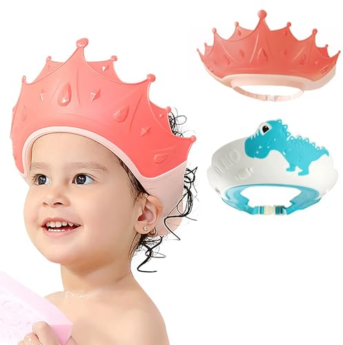 FUNUPUP 2 Stück Duschhaube Kinder Baby Verstellbare Krone-Form Haare Waschen Kinderschutz Schild Shampoo Schutz Baby-Visier für Augen und Ohren, Blaue Dinosaurier + Rosa Krone