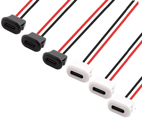 RUNCCI-YUN 6Pcs USB-C buchse 2-Draht einbau Typ-C-Buchse，USB Pigtail Kabel USB einbaubuchse,USB-C-Buchse für Panelmontage 3A Schnelllade-Typ-C-Buchse mit Schnappnut Schnalle,Schwarz und weiß