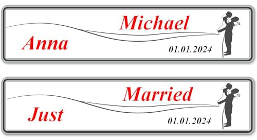 2X Hochzeit Autoschild mit Wunschtext Hochzeitsschild Hochzeitsauto Kennzeichen aus Aluminium | Digital Druck | Verschiedene Motive (Brautkleid Silhouette)