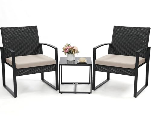 Murago 3 Piece Wicker Patio Bistro Set, Rattan Conversation Set with Coffee Table, for Balcony, Porch, Garden, Yard, Poolside, Black Frame with Beige Cushion