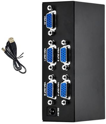 MOOKEENONE VGA Splitter Powered, 1 In 4 Out VGA Splitter PC Screen Duplicat, Computer Host Laptop Graphics Card External VGA Splitter