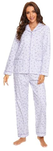 GLOBAL Pigiama Donna Flanella Cotone Maniche Lunghe Due Pezzi Camicie da Notte Pjs Confortevole Sleepwear Caldo Morbido, Fiori Viola Carini, 3XL