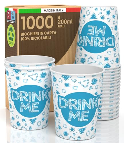 1000 Bicchieri in Carta 200ml Biodegradabili Monouso Ecologici Made in Italy Asporto per Bevande Calde Acqua Colorati Fantasia DRINK ME - Prodotto e Confezionato in Italia