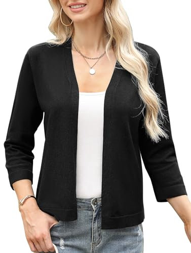 Aottori Boléro Femme Chic et Élégant Tricot Gilet Court Cardigan Manches 3/4 Veste Top pour Robe Mariage Bretelle Soirée Fête Décontracté Noir L