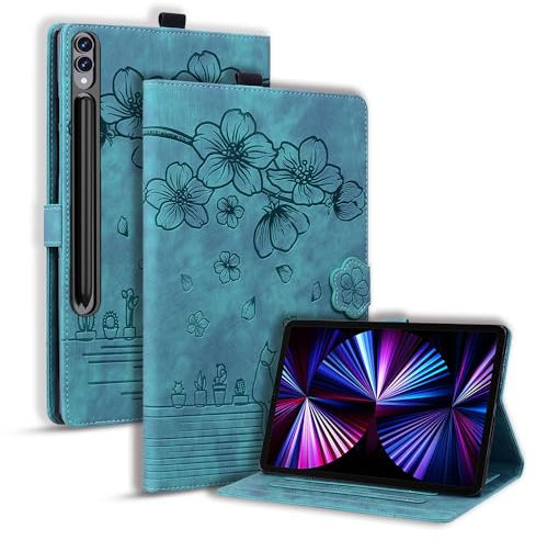 TEDTIKJT Custodia per Samsung Galaxy Tab S9+/Tab S8+/Tab S7+ 12.4 Pollici (SM-X810/X800/T970) Tablet Custodia PU Pelle Libro Cover con Supporto Portafoglio Protettiva Cover,Stile Gatto Sakura Verde