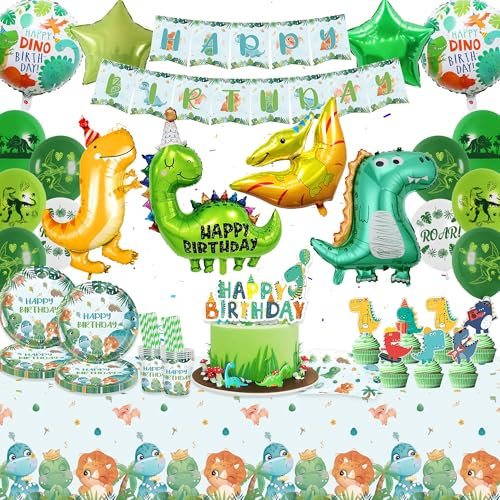 Juego de vajilla decorativa para fiestas de cumpleaños de dinosaurio de color verde, para niños y niñas, con platos de papel, servilletas, globos, tazas, pancartas para la selva, decoración de