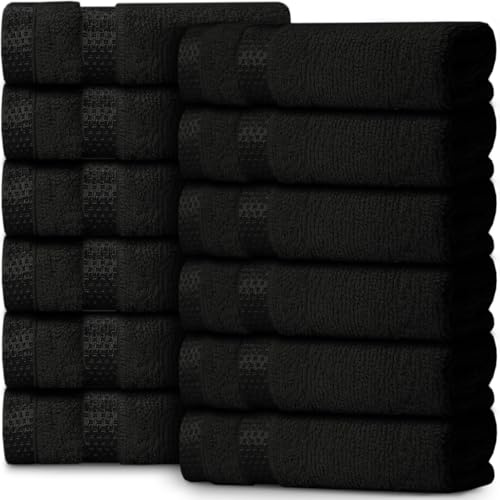 Casabella 12 Piece 100% Cotton Towels - 30x30 cm Quick Dry Flannel Face Towels - Soft & Absorbent Super Quality - Black