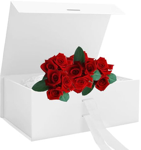 Magnetische Geschenkbox Mit Schleife und Deckel, 21x17x7cm, Verpackungsbox für Hochzeit, Weihnachten, Jubiläum - Weiß