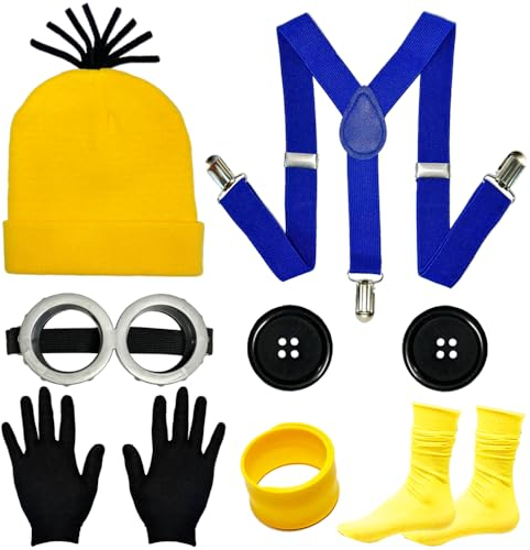 QooQoo Gelbes Kostüm für Erwachsene und Kinder, Halloween-Kostüm-Set mit Brille, Beanie, Hosenträgern, Armband, Socke, Knöpfen und Handschuhen, Cosplay-Party-Set für Herren und Damen
